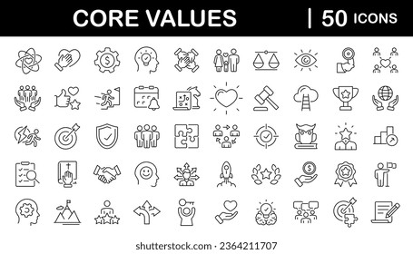 Core value set of web icons in line style. Core values icons for web and mobile app. Performance, innovation, goals, integrity, customer, commitment, quality, teamwork. Vector illustration