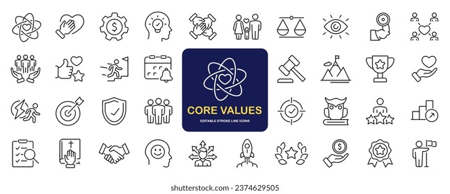 Core value set of web icons in line style. Core values icons for web and mobile app. Performance, innovation, goals, integrity, customer, commitment, quality, teamwork. Vector illustration