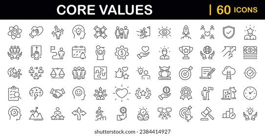 Core value set of web icons in line style. Core values icons for web and mobile app. Performance, innovation, goals, integrity, customer, commitment, quality, teamwork. Vector illustration