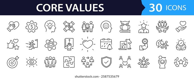 Core value set of web icons in line style. Core values icons for web and mobile app. Performance, innovation, goals, integrity, customer, commitment, quality, teamwork. Vector illustration