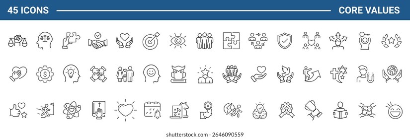 Core value set of web icons in line style. Core values icons for web and mobile app. Performance, innovation, goals, integrity, customer, commitment, quality, teamwork. Vector illustration