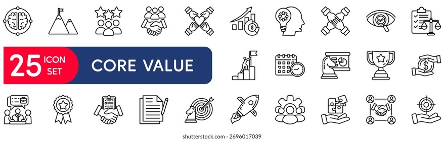 Conjunto de valores de núcleo de ícones da Web em estilo de linha. conceito de ilustração de vetor relaciona-se ao núcleo, valor, integridade, social, negócios, empresa, confiança