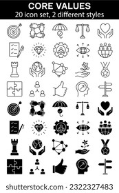 Core values 20 icon set. 2 different styles