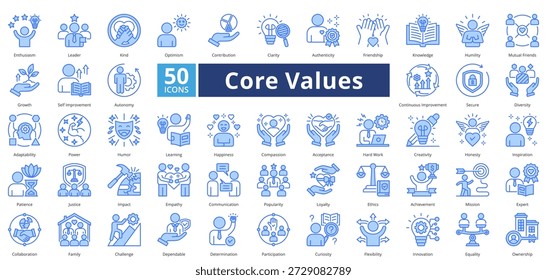 Core Values blue style contains 50 icons including enthusiasm, leader, kind, optimism, contribution, clarity, authenticity, friendship, impact simple vector
