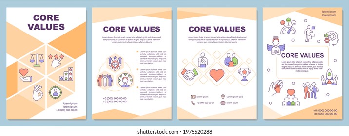 Core values brochure template. Personal ethics, ideals. Flyer, booklet, leaflet print, cover design with linear icons. Vector layouts for presentation, annual reports, advertisement pages