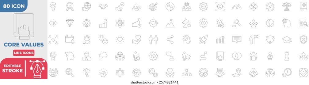 Core values Collection Icon Set. Containing integrity, Empathy Strategy, Vision, Social Responsibility, Commitment,  Personal Growth, Problem Solving. Editable Stroke Line. Vector illustration.