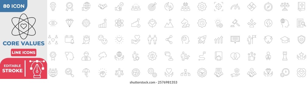 Core Values Collection Icon Set. Containing qualities as performance, passion, diversity, exceptional, innovative, accountability, will to win, empathy, open-minded. Editable Stroke.