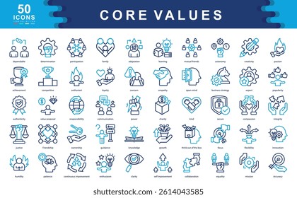 The Core Values color icon set highlights principles like integrity, passion, and collaboration ideal for defining workplace culture, leadership identity, and organizational alignment.