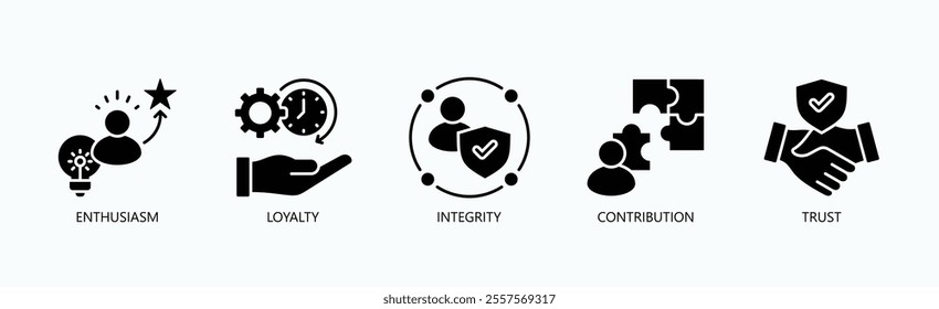 Core Values Of Commitment And Excellence Icon Set Vector Illustration Concept With Icon Of Enthusiasm, Loyalty, Integrity, Contribution, Trust In Glyph Style