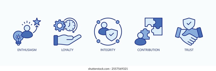 Core Values Of Commitment And Excellence Icon Set Vector Illustration Concept With Icon Of Enthusiasm, Loyalty, Integrity, Contribution, Trust In Blue Style