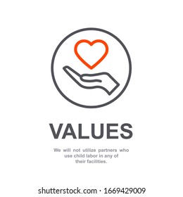 Core values of company icon with simple text. Web page for employee template design vector element. Modern flat design. Abstract flat icon. Heart in hand business concept of company care illustration