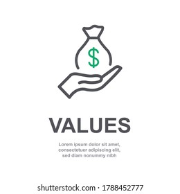 Core values of company icon with simple text. Web page for employee template design vector element. Modern design. Abstract flat icon. Green dollar in hand business concept of company purpose V3