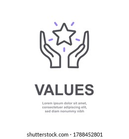 Core Values Of Company Icon With Simple Text. Web Page For Employee Template Design Vector Element. Modern Design. Abstract Flat Icon. Star In Hand Business Concept Of Company Care Illustration V6