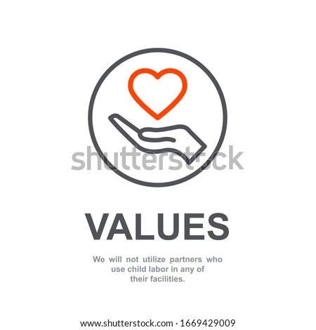Core values of company icon with simple text. Web page for employee template design vector element. Modern flat design. Abstract flat icon. Heart in hand business concept of company care illustration