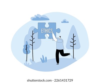 Core Values Concept. Tiny Business Character Holding Huge Puzzle Piece with Basic Social and Business Principle Ethics. Fundamental Beliefs Or Standards Of Behavior. Cartoon People Vector Illustration