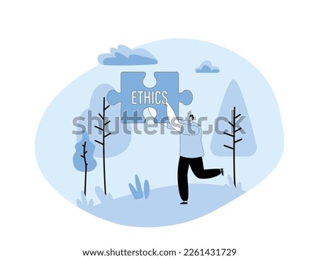 Core Values Concept. Tiny Business Character Holding Huge Puzzle Piece with Basic Social and Business Principle Ethics. Fundamental Beliefs Or Standards Of Behavior. Cartoon People Vector Illustration