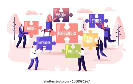 Core Values Concept. Tiny Businesspeople Characters Holding Huge Puzzle Pieces With Basic Social And Business Principles Trust, Mission, Ethic, Vision Or Innovation. Cartoon People Vector Illustration