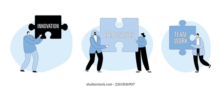 Core Values Concept. Tiny Businesspeople Characters Holding Huge Puzzle Pieces with Basic Social and Business Principles Team Work and Innovation. Cartoon People Vector Illustration