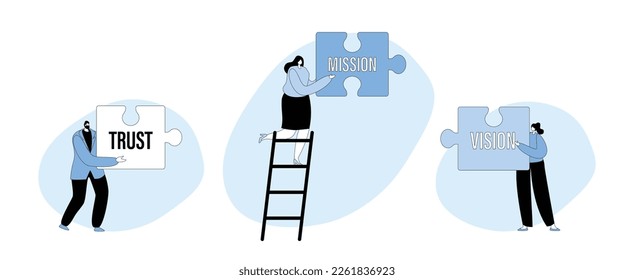 Core Values Concept. Tiny Businesspeople Characters Stand on Ladder Holding Huge Puzzle Piece with Basic Social and Business Principles Mission, Trust and Vision. Cartoon People Vector Illustration