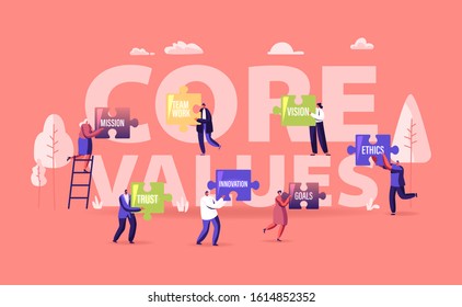 Core Values Concept. Tiny Male And Female Characters Businesspeople Holding Huge Puzzle Pieces With Basic Social And Business Principles Poster Banner Flyer Brochure. Cartoon Flat Vector Illustration