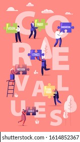 Core Values Concept. Tiny Male And Female Characters Businesspeople Holding Huge Puzzle Pieces With Basic Social And Business Principles Poster Banner Flyer Brochure. Cartoon Flat Vector Illustration