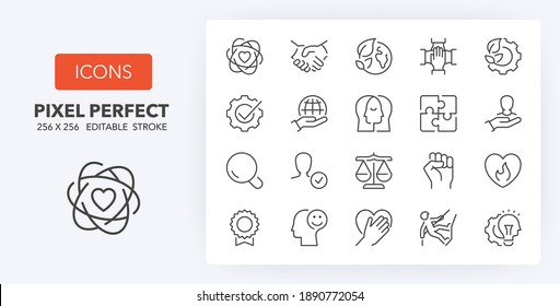 Core values concepts, thin line icon set. Outline symbol collection. Editable vector stroke. 256x256 Pixel Perfect scalable to 128px, 64px... - Shutterstock ID 1890772054