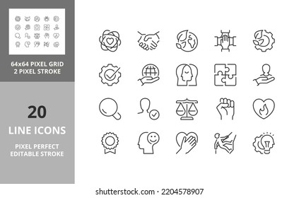 Core values concepts. Thin line icon set. Outline symbol collection. Editable vector stroke. 64 and 256 Pixel Perfect scalable to 128px