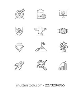 Core values, corporate values, progress in life, growth, quality, progress, purpose,organizational values, business values, company culture, company philosophy, vector line icons.