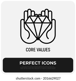 Valores centrales, estrategia corporativa, icono de línea delgada de responsabilidad, diamante en manos. Ilustración vectorial.