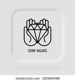 Valores centrales, estrategia corporativa, icono de línea delgada de responsabilidad, diamante en manos. Ilustración vectorial.