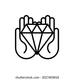 Core values, corporate strategy, responsibility thin line icon, diamond in hands. Vector illustration.