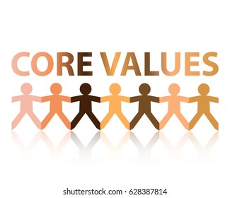 Core values cut out paper people chain in different skin tone colors
