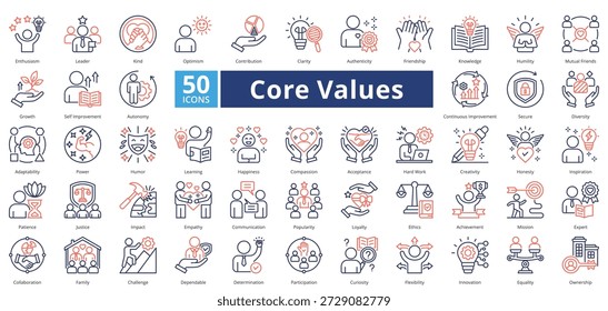 Core Values dual tone style contains 50 icons including knowledge, humility, mutual friends, growth, self improvement, autonomy, continuous improvement simple vector