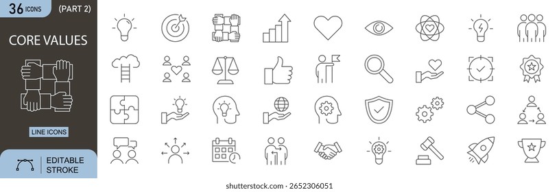Conjunto de iconos de línea editables de valores principales . Incluye íconos para la visión, el liderazgo, la confianza, la Asistencia, la justicia, el crecimiento, la innovación, el objetivo, el trabajo en equipo y la creatividad. Perfecto para uso empresarial e infográfico.