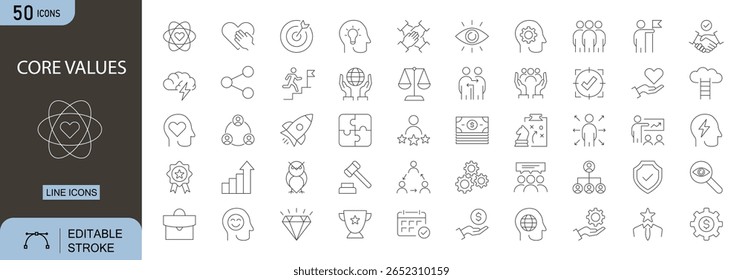 Core Values Editable Line Icons Set . Includes icons for vision, leadership, trust, support, justice, growth, innovation, target, teamwork, and creativity. Perfect for business and Infographic use.