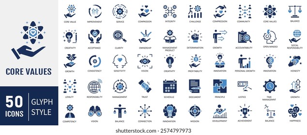 Core values flat icon set. Containing acceptance, achievement, adaptability, authenticity, autonomy, balance, badness icon. Vector illustration