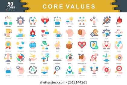 The Core Values flat icon set highlights principles like integrity, passion, and collaboration ideal for defining workplace culture, leadership identity, and organizational alignment.