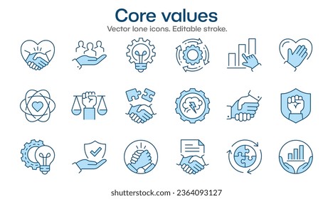 Core values flat icons, such as business, social responsibility, mission, company and more. Editable stroke.