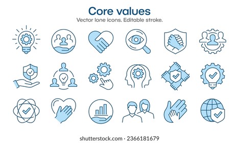 Core values flat icons, such as business, social factors, mission, company, handshake and more. Editable stroke.