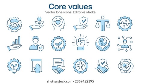 Valores centrales iconos planos, como negocios, factores sociales, misión, empresa y más. Trazo editable.