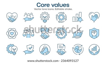 Core values flat icons, such as business, social responsibility, mission, company and more. Editable stroke.