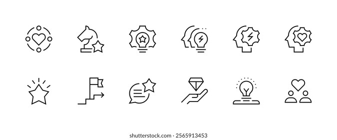 Core values icon collection. Productivity, efficiency, success, mission, vision, creativity, excellence, consistency and more. Editable stroke. Pixel Perfect. Grid base 32px.