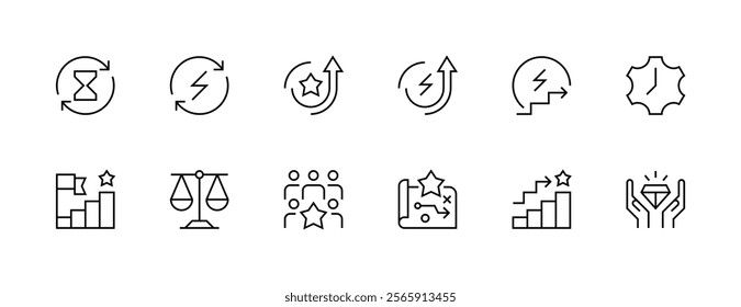 Core values icon collection. Productivity, efficiency, success, mission, vision, creativity, excellence, consistency and more. Editable stroke. Pixel Perfect. Grid base 32px.