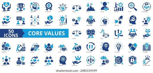 Core values icon collection set. Containing acceptance, achievement, adaptability, authenticity, autonomy, balance, badness icon. Simple flat vector.