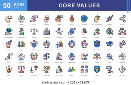 Conjunto de coleta de ícone Valores Principais. Contendo aceitação, realização, adaptabilidade, autenticidade, autonomia, equilíbrio, ícone de má qualidade.