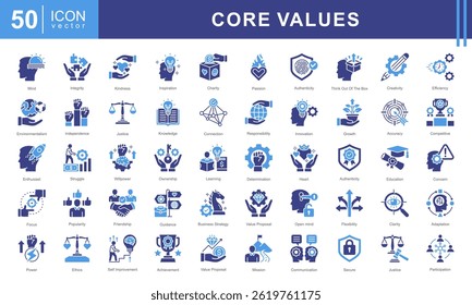 Conjunto de coleta de ícone Valores Principais. Contendo aceitação, realização, adaptabilidade, autenticidade, autonomia, equilíbrio, ícone de má qualidade.