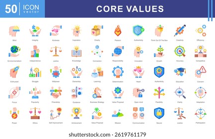 Core Values icon collection set. Containing acceptance, achievement, adaptability, authenticity, autonomy, balance, badness icon.