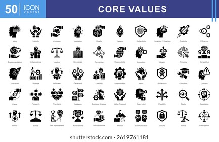 Conjunto de coleta de ícone Valores Principais. Contendo aceitação, realização, adaptabilidade, autenticidade, autonomia, equilíbrio, ícone de má qualidade.