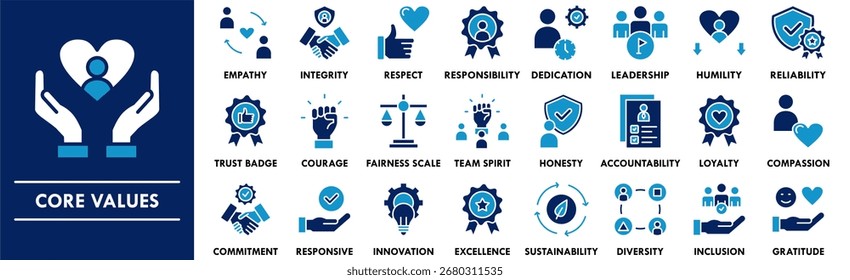 Conjunto de coleta de ícone Valores Principais. Contendo negócios de design, trabalho em equipe, core, empresa, missão, inovação