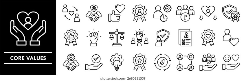 Conjunto de colecciones de iconos de valores principales. Conteniendo negocio de diseño, trabajo en equipo, núcleo, empresa, misión, innovación